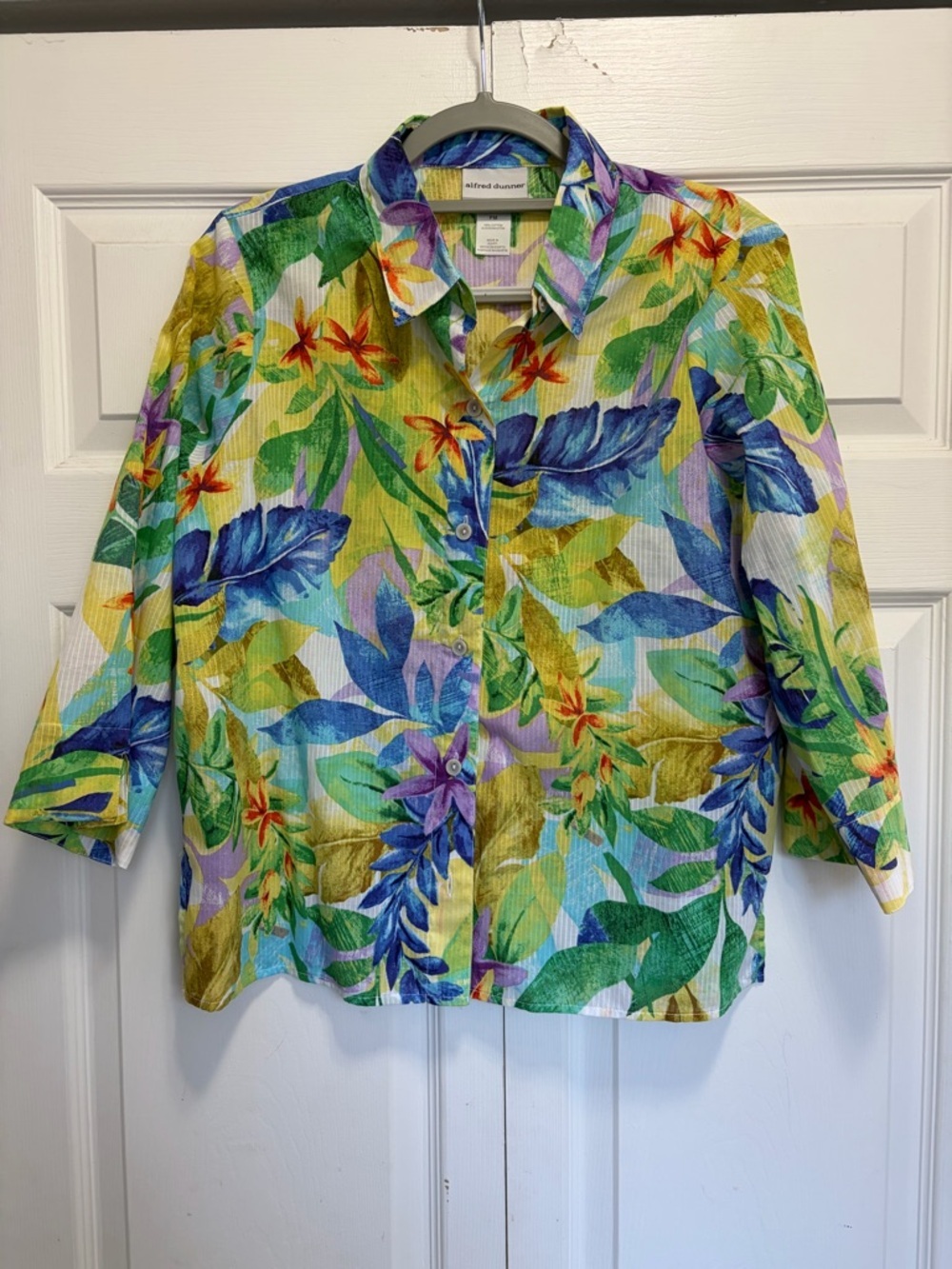 Alfred Dunner Floral Tropical Print Button-Up Jacket in Green, Blue & Yellow